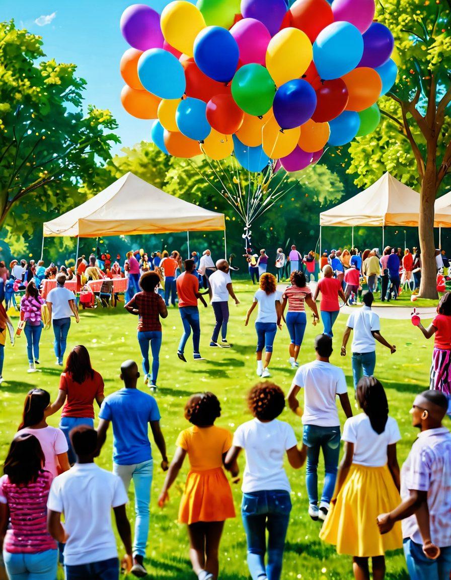 A vibrant community gathering in a sunny park, filled with diverse people laughing and interacting, colorful decorations, and cheerful activities like dancing and games. Emphasize a warm atmosphere with balloons, smiles, and a picnic scene to symbolize joyful living and enthusiasm. super-realistic. vibrant colors. bright background.