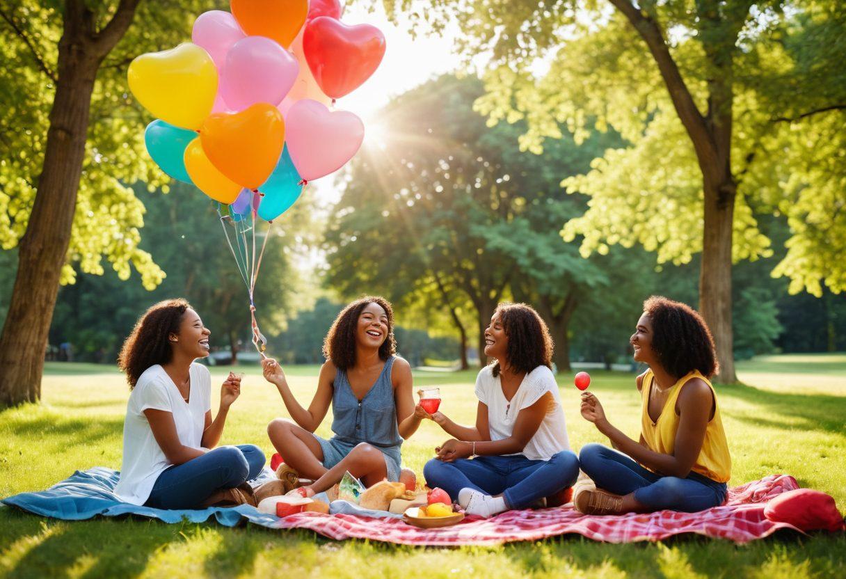 A diverse group of friends gathering in a sunlit park, sharing laughter and smiles, surrounded by nature's beauty. Incorporate elements like colorful balloons and a picnic setup that symbolizes joy and connection. Add subtle visuals of hearts and gratitude symbols floating in the air, signifying the depth of their relationships. Composition should evoke a sense of warmth and togetherness. vibrant colors. super-realistic. sunny backdrop.